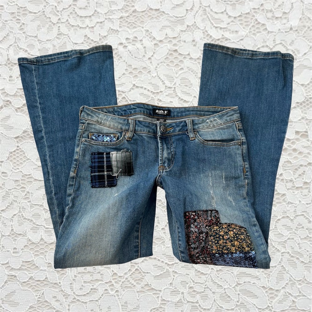 vintage allen b low rise patchwork flare jeans